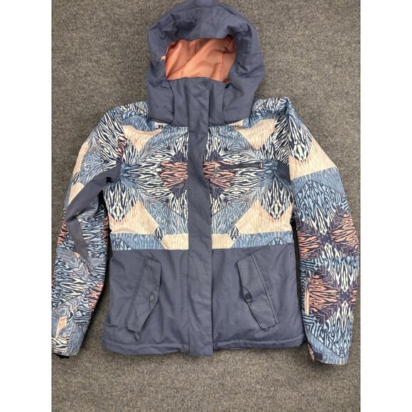 Roxy Jacket Womens Medium Blue Pink Patterned DryFlight 10K Snow Ski Coat Hooded - Picture 1 of 7